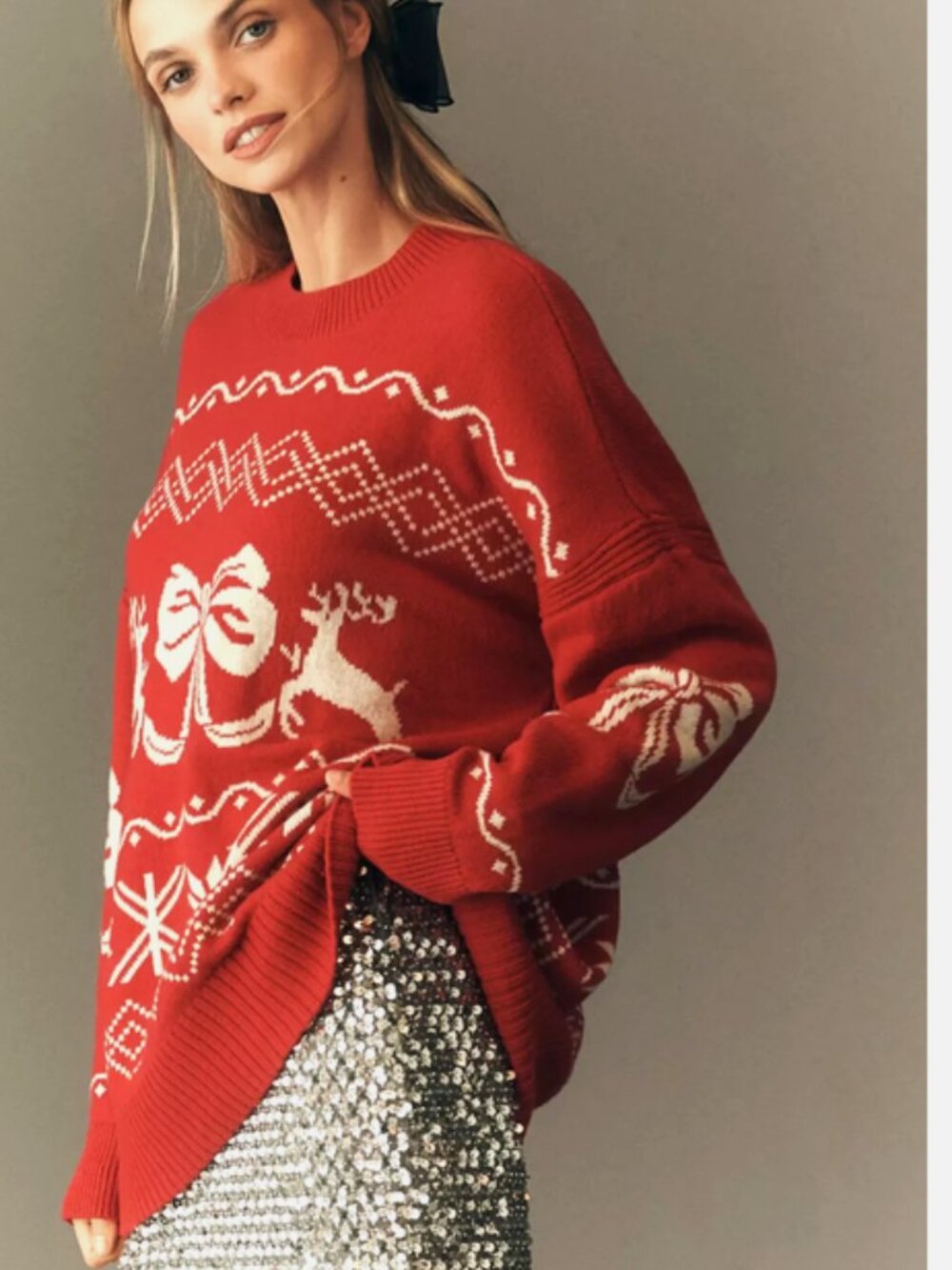 Anthropologie Maeve Oversized Reindeer Graphic Sweater Christmas Holiday L NWT